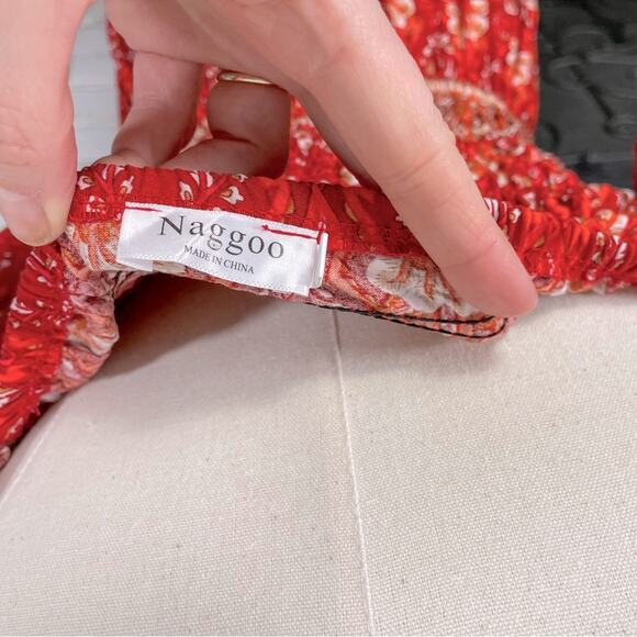 Red Bright Boho Floral Puff Shoulder Smocked Top Ruffle Hem Midi Dress L - Picture 9 of 9